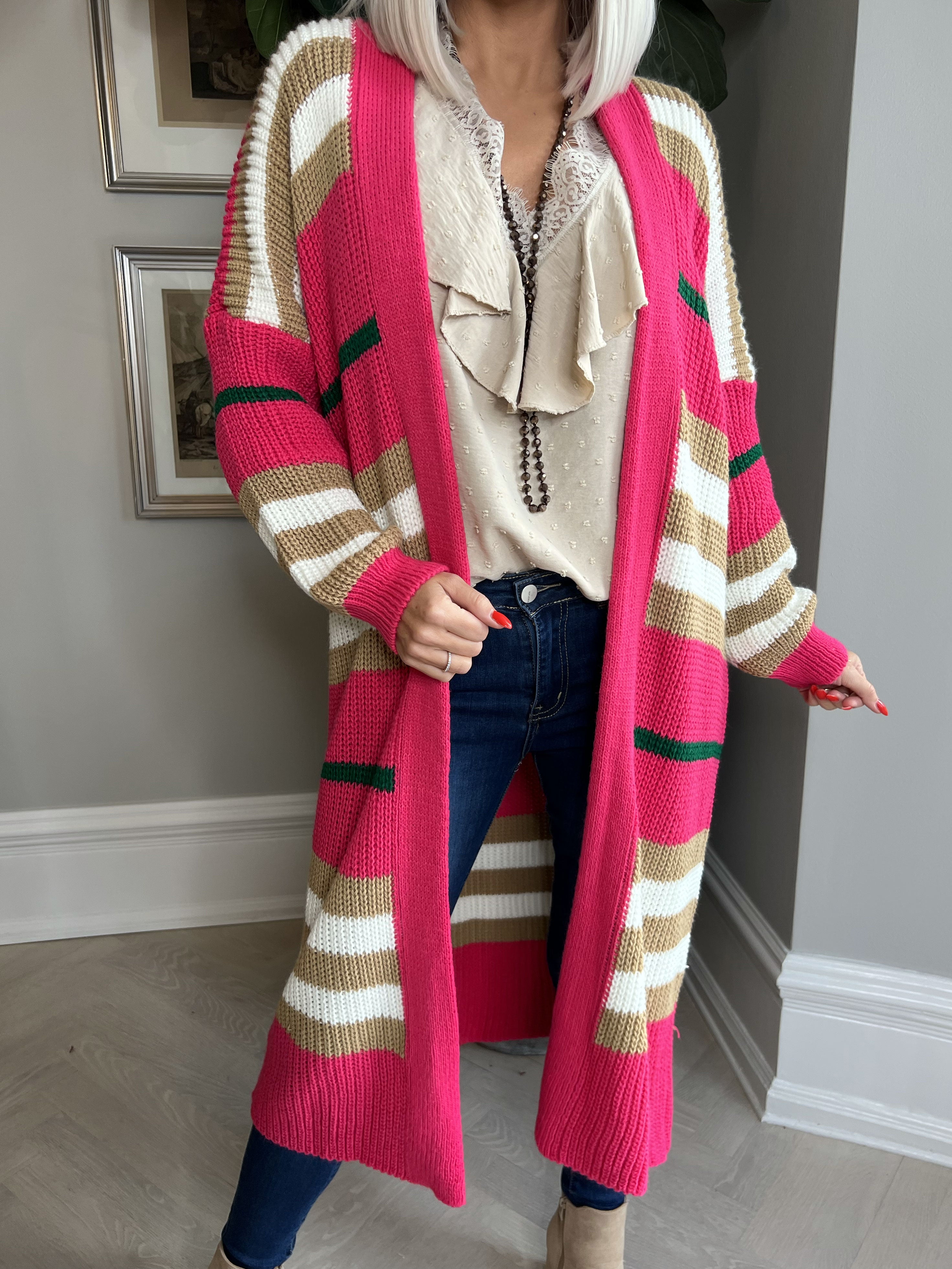 Mikla - Lang stribet cardigan i strik